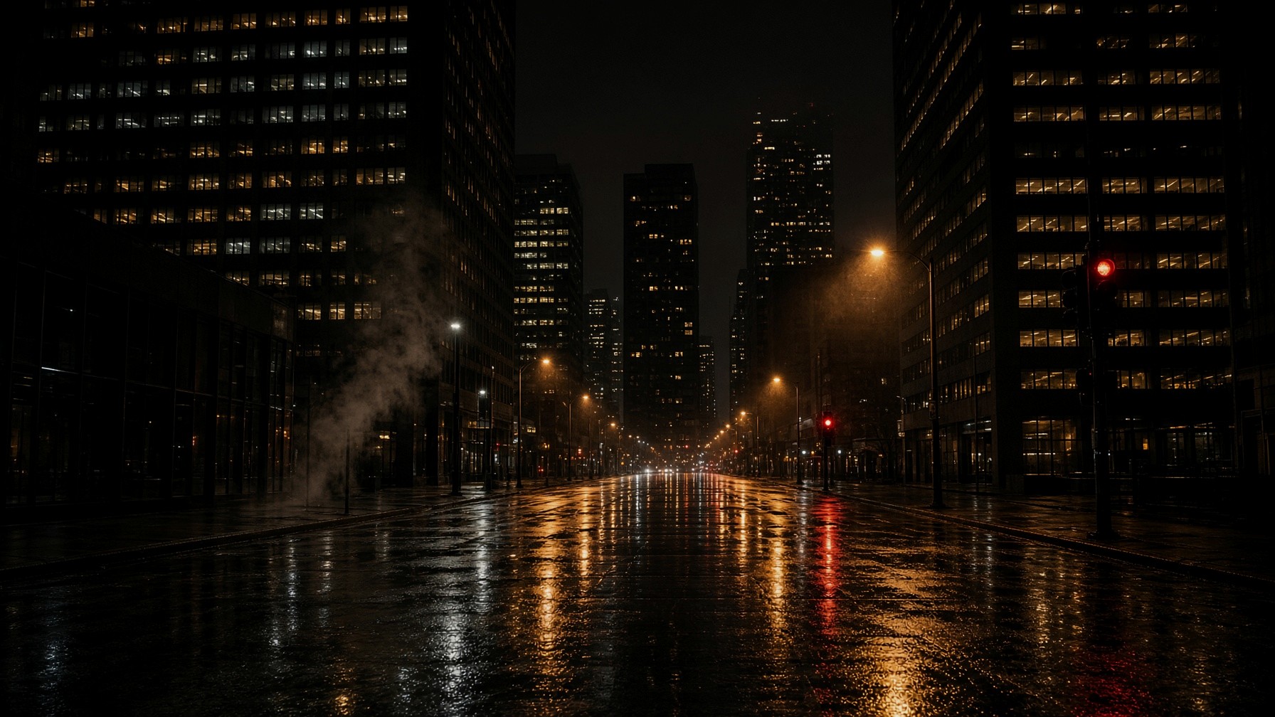 Rain-wet downtown Houston street at night